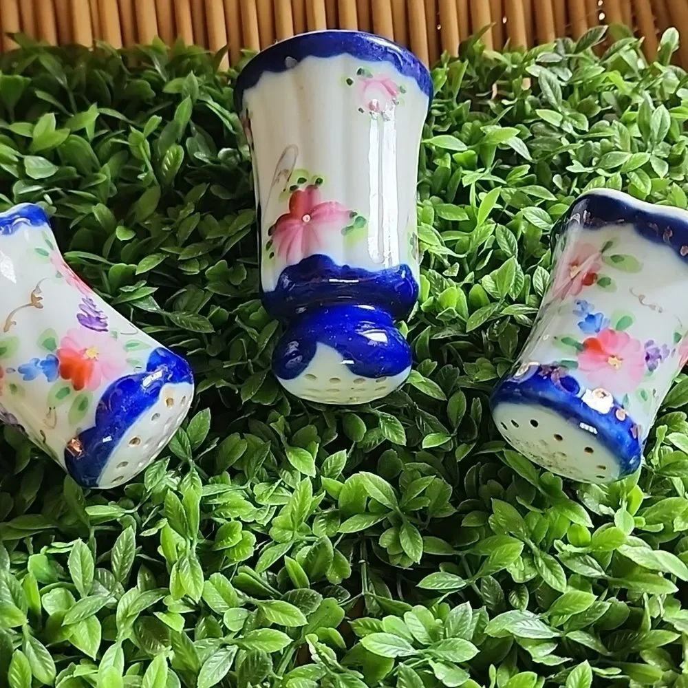 Vintage Cobalt Blue & Handpainted Floral Salt, Pepper & Cinnamon Shakers